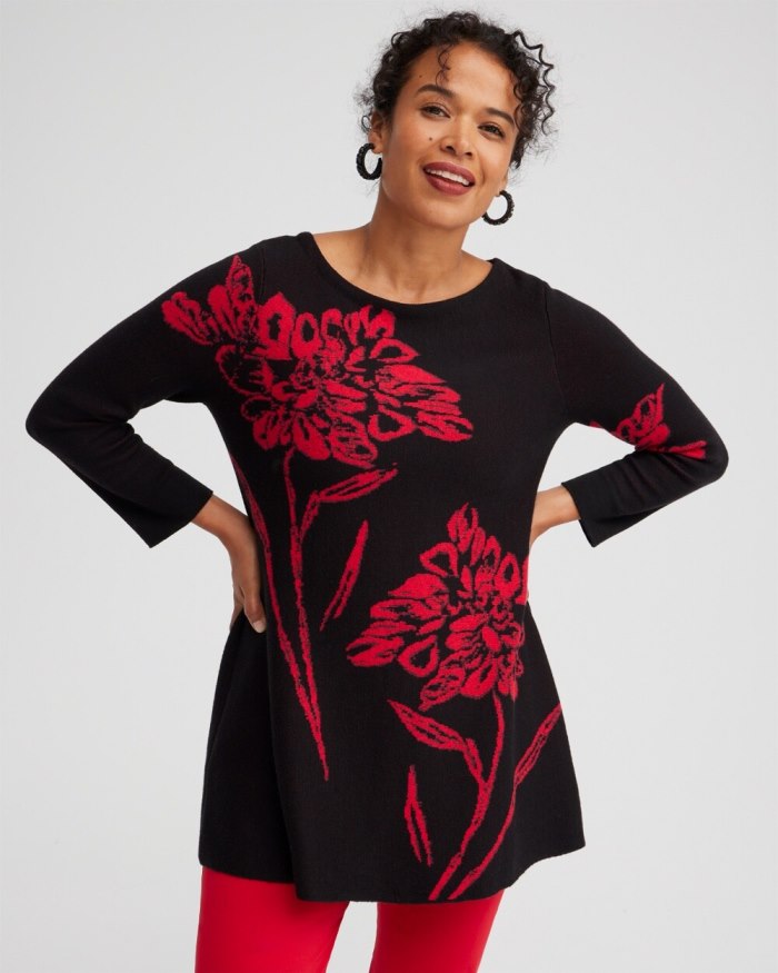 Women's Red Floral Pullover Sweater - Black - Click Image to Close