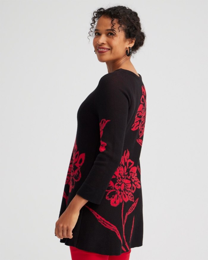 Women's Red Floral Pullover Sweater - Black