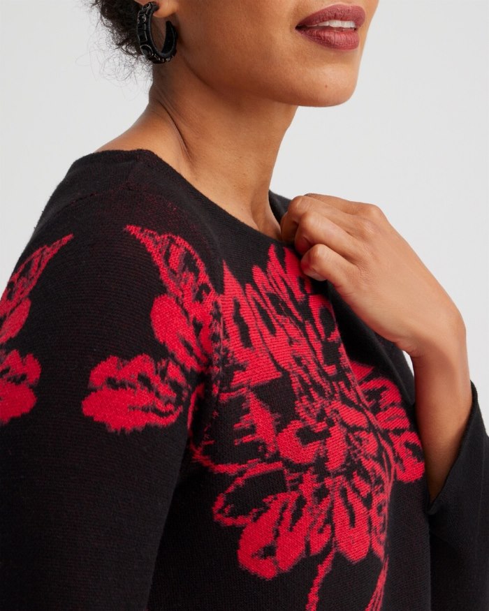 Women's Red Floral Pullover Sweater - Black