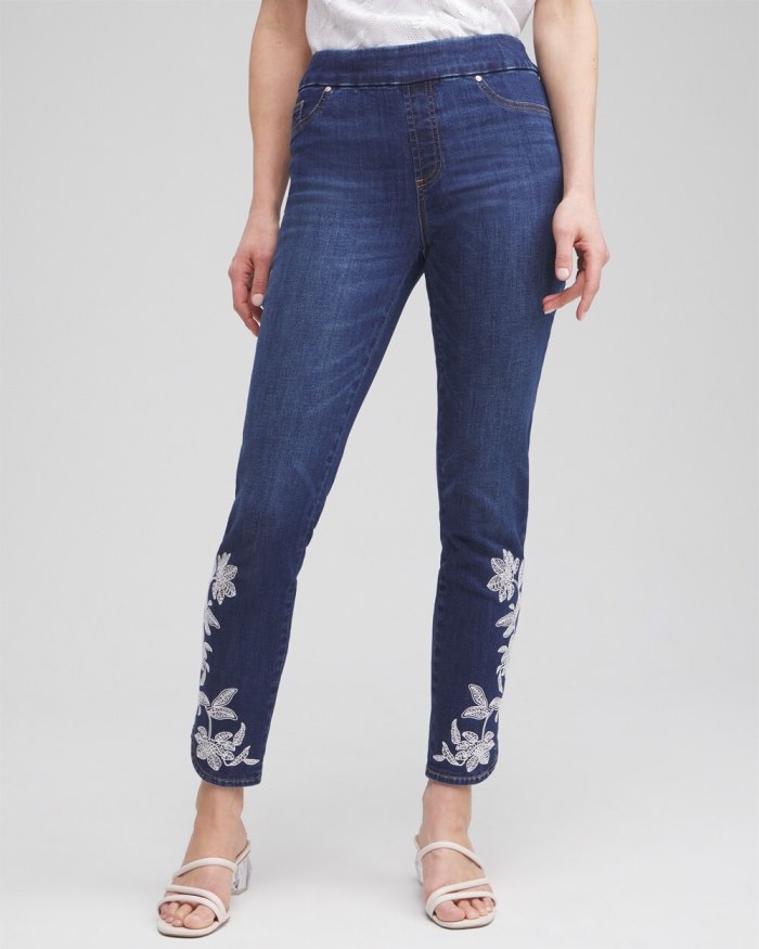 Women's Embroidered Pull-on Ankle Jeggings - Morwenna Indigo - Click Image to Close