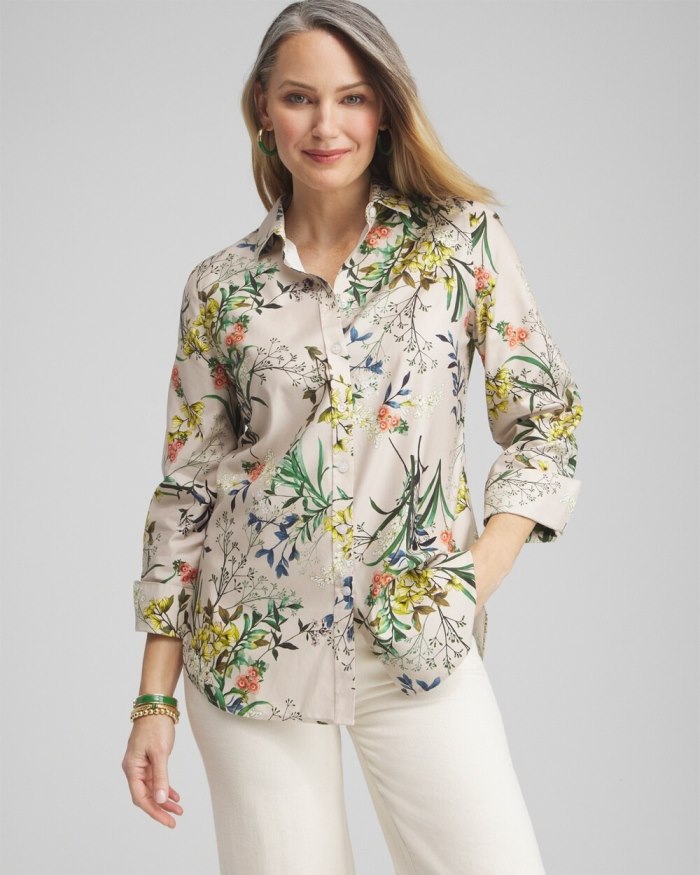 Women's No Iron Stretch Wildflower 3/4 Sleeve Shirt - Oatmeal - Click Image to Close