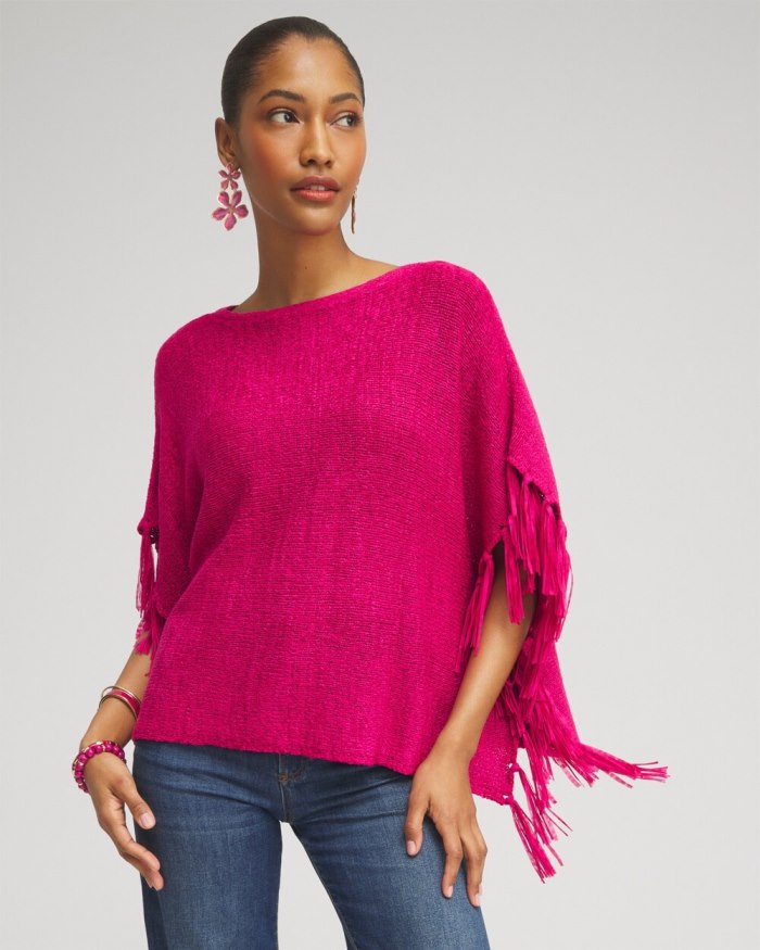 Women's Fringe Knit Poncho - Magenta Rose