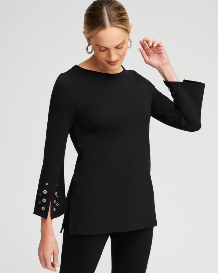 Women's Ponte Grommet Flare Sleeve Top - Black