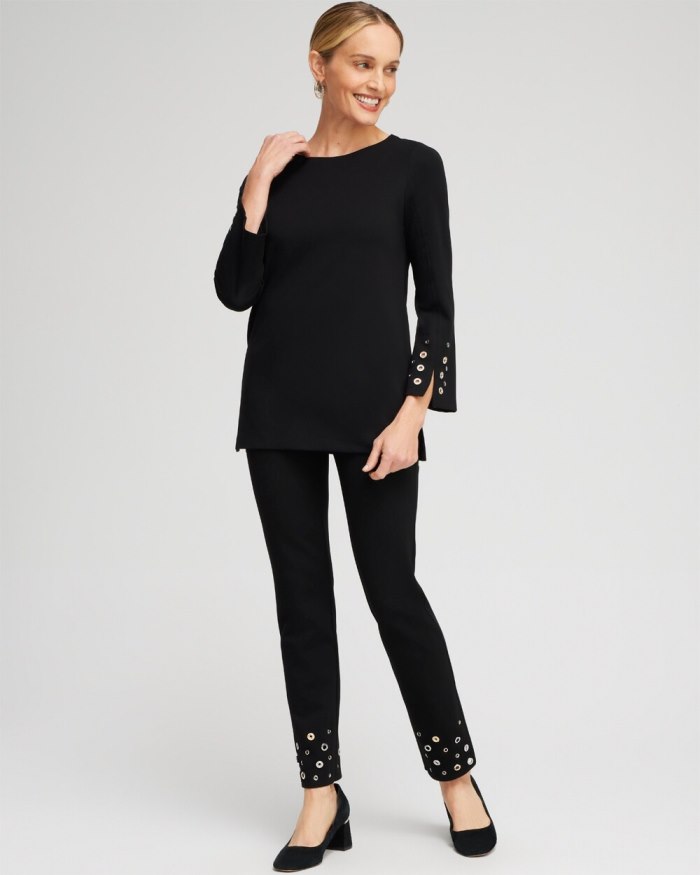 Women's Ponte Grommet Flare Sleeve Top - Black