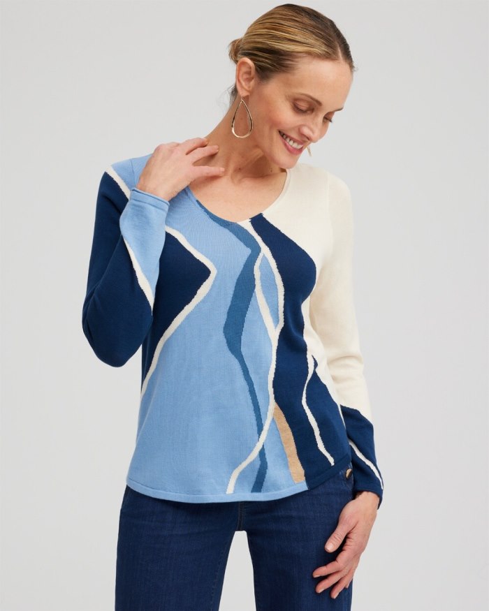 Women's Spun Rayon Intarsia V-neck Pullover - Azores Blue - Click Image to Close