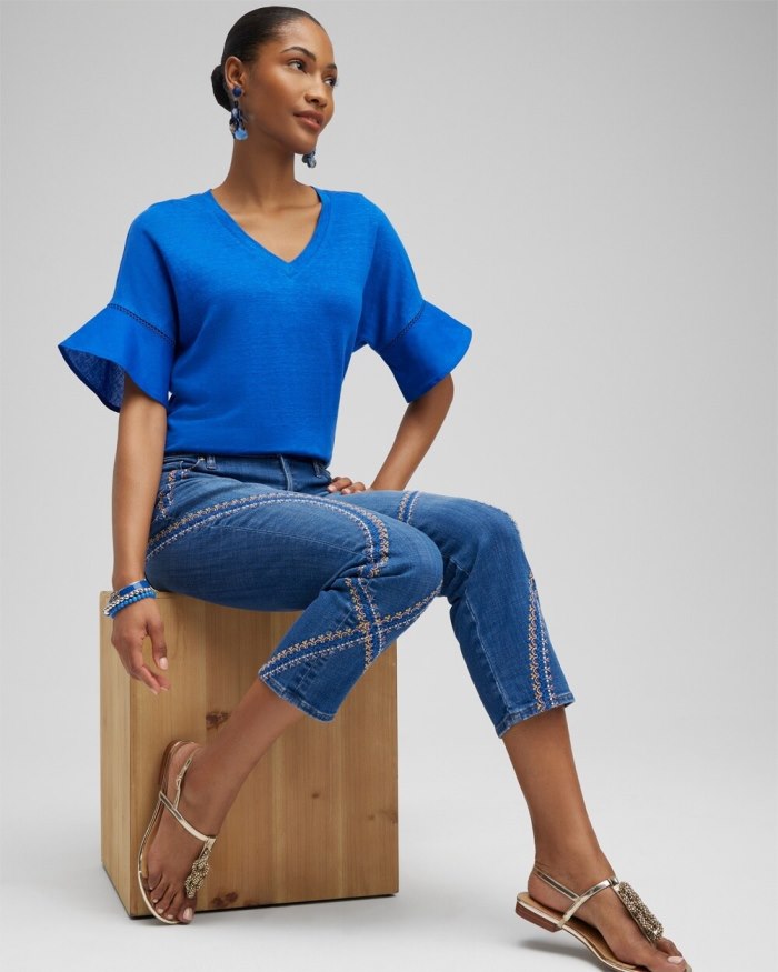 Women's Linen Blend Flutter Sleeve Top - Intense Azure