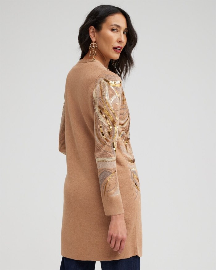 Women's Embellished Jacquard Cardigan Sweater - Faux Camel Heather