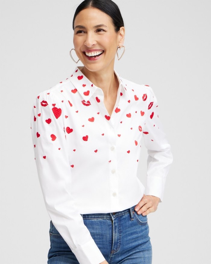 Women's Embroidered Hearts Shirt - Alabaster