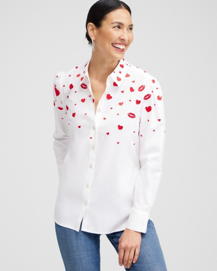 Women's Embroidered Hearts Shirt - Alabaster