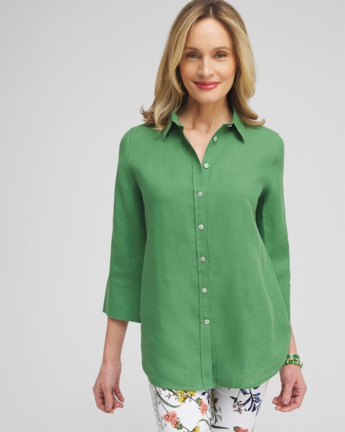 Women's No Iron Linen 3/4 Sleeve Shirt - Verdant Green - Click Image to Close