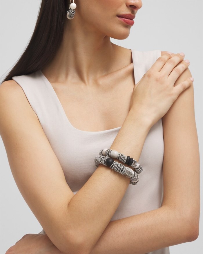 Women's Piano Wire Stretch Bracelet Set - Black And Neutral