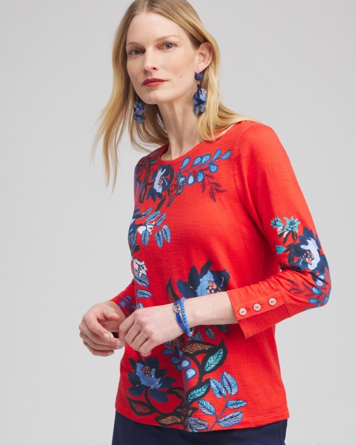 Women's Floral 3/4 Sleeve Button Tee - Nectarine - Click Image to Close