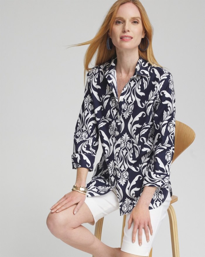 Women's No Iron Stretch Swirl Shirt - Classic Navy/White