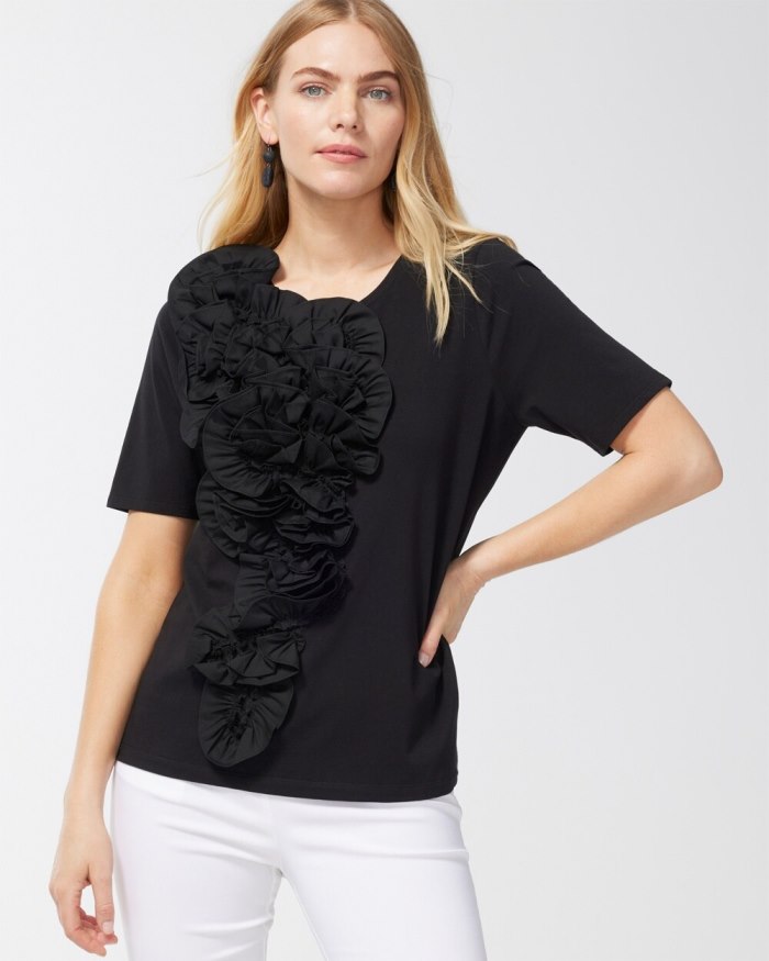 Women's 3D Floral Applique Ruffle Tee - Black