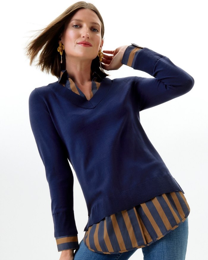 Women's Stripe Built-in Shirt Sweater - Classic Navy - Click Image to Close