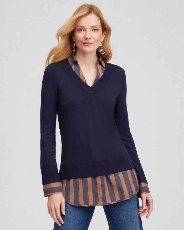 Women's Stripe Built-in Shirt Sweater - Classic Navy