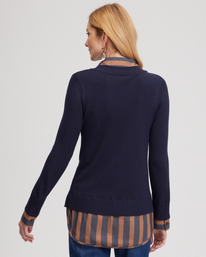 Women's Stripe Built-in Shirt Sweater - Classic Navy