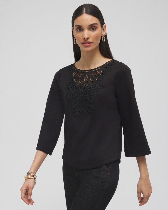 Women's Lace Inset Top - Black - Click Image to Close