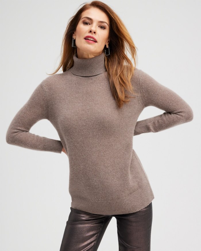 Women's Cashmere Turtleneck Tunic Sweater - Taupe