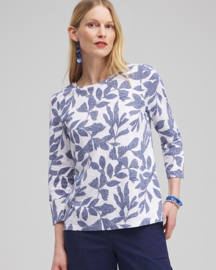 Women's Leaf Print 3/4 Sleeve Button Tee - Classic Navy - Click Image to Close