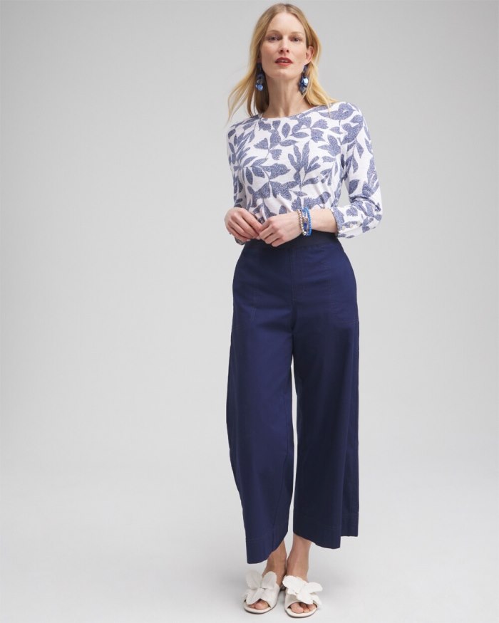 Women's Leaf Print 3/4 Sleeve Button Tee - Classic Navy