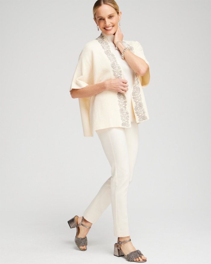 Women's Embellished Placket Sweater Ruana - English Cream