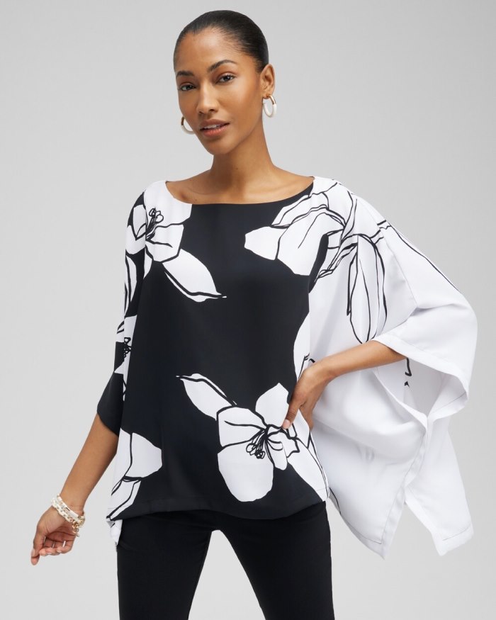 Women's Black and White Floral Poncho - Black/White