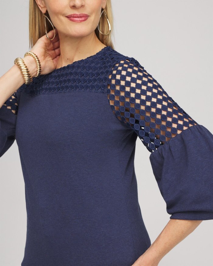 Women's Faux Denim Lace Mix Top - Dark Denim