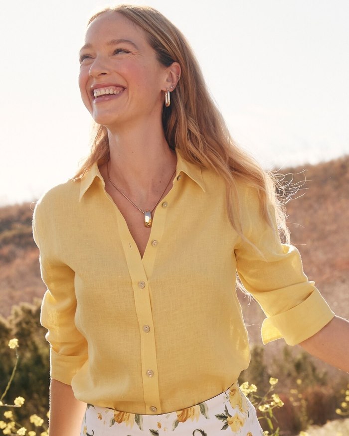 Women's No Iron Linen 3/4 Sleeve Shirt - Lemon Blossom