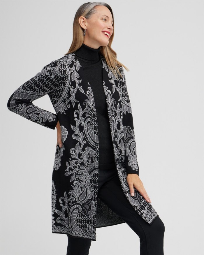 Women's Paisley Lurex Cardigan Sweater - Black - Click Image to Close