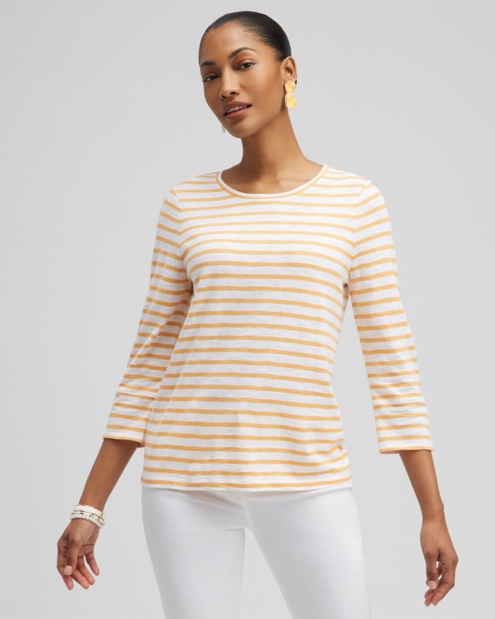 Women's Stripe 3/4 Sleeve Button Tee - Mango Sorbet