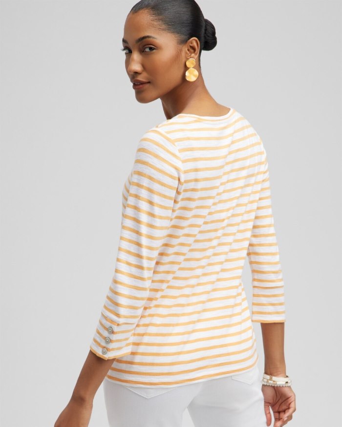 Women's Stripe 3/4 Sleeve Button Tee - Mango Sorbet