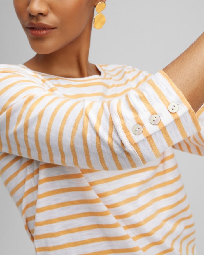 Women's Stripe 3/4 Sleeve Button Tee - Mango Sorbet