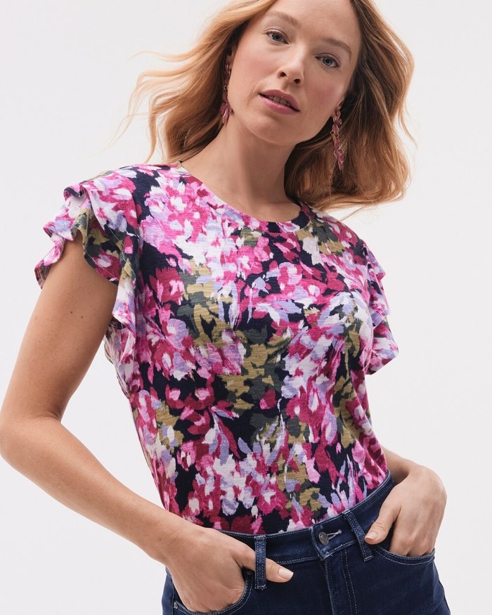 Women's Abstract Flutter Cap Sleeve Tee - Magenta Rose