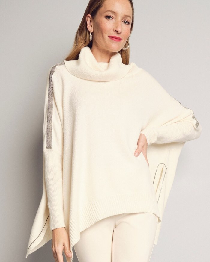 Women's Ball Chain Knit Poncho - English Cream - Click Image to Close