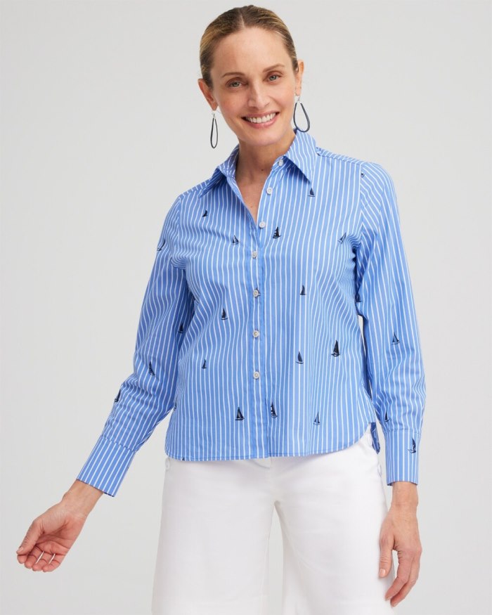 Women's Poplin Sailboat Stripe Shirt - Wisteria Blue - Click Image to Close