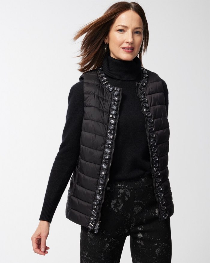 Women's Embellished Puffer Vest - Black