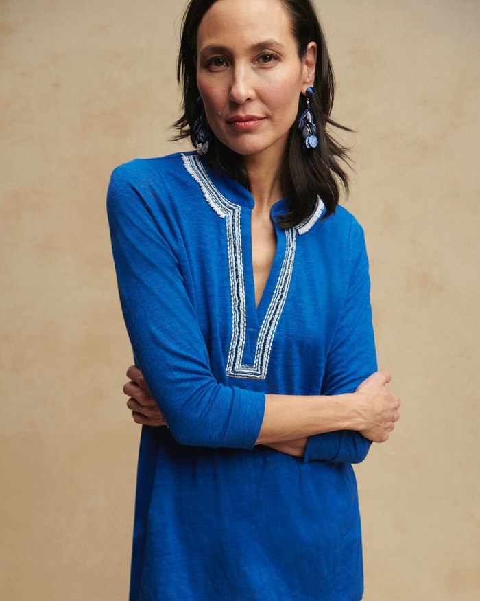 Women's Linen Embellished Tunic - Intense Azure