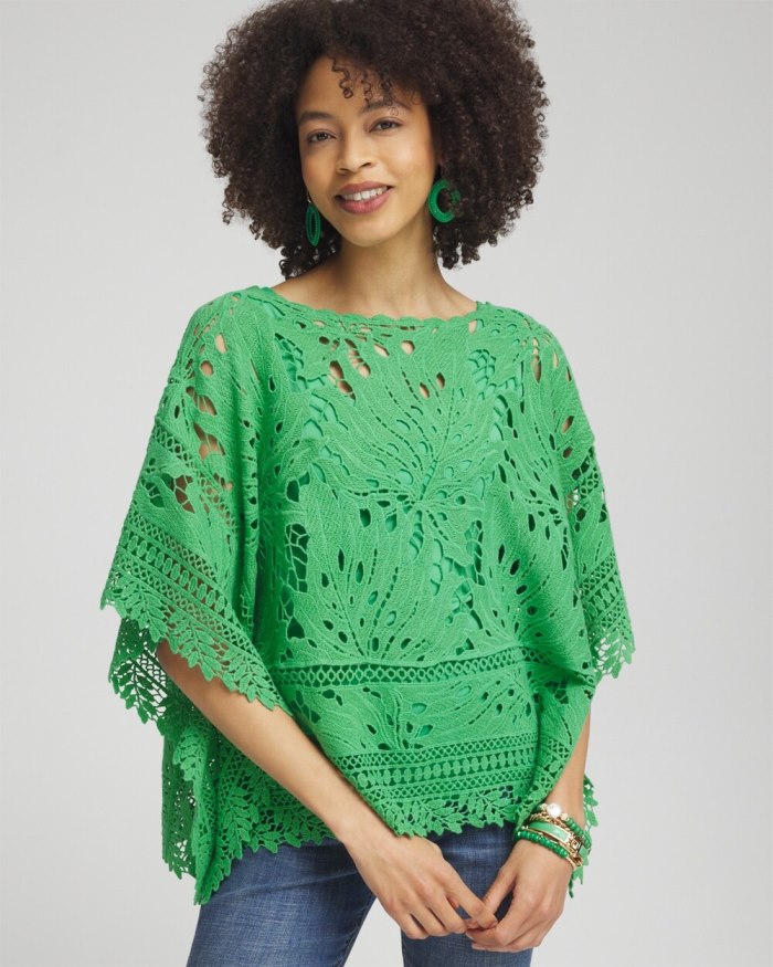 Women's Lace Crochet Poncho - GRASSY GREEN