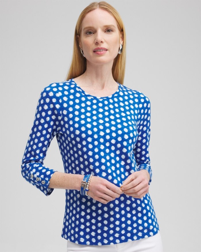 Women's Dot Print 3/4 Sleeve Button Tee - Intense Azure - Click Image to Close