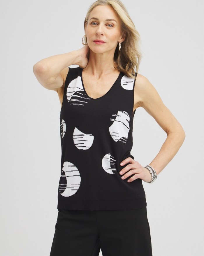 Women's Spun Rayon Dots V-neck Tank - Black - Click Image to Close