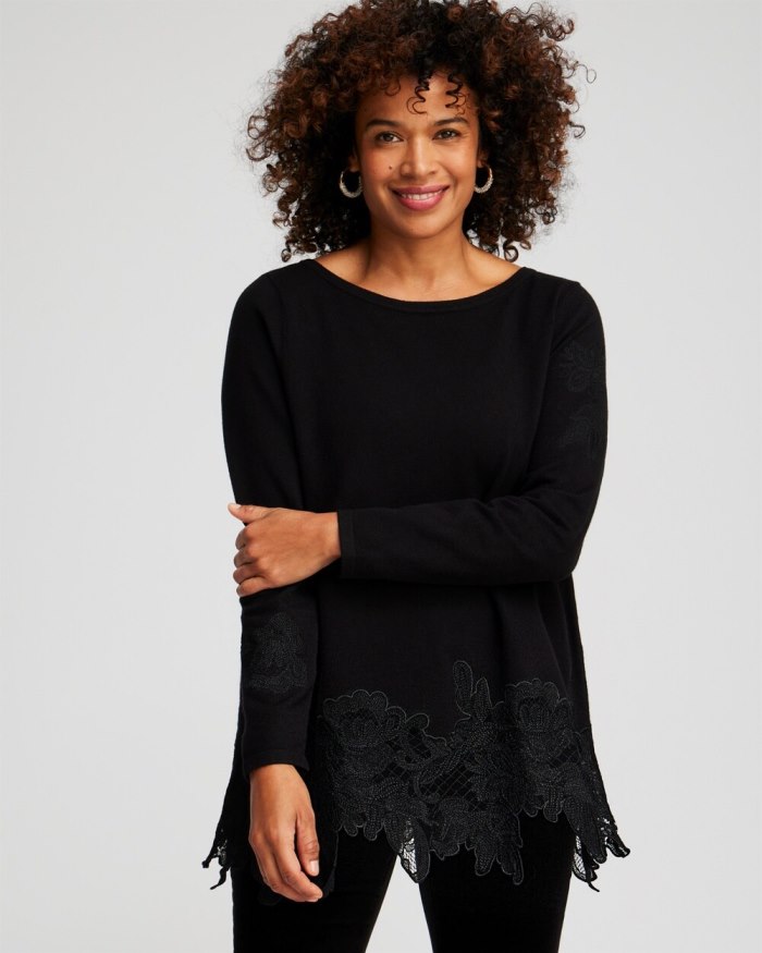 Women's Cashmere Blend Lace Hem Pullover Sweater - Black