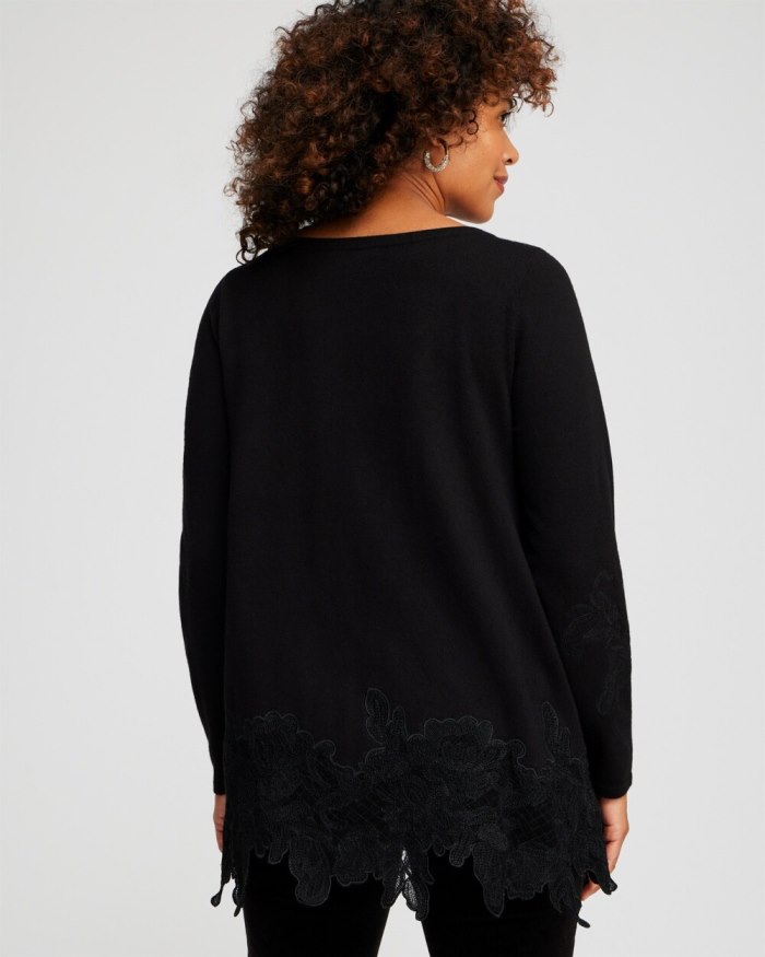 Women's Cashmere Blend Lace Hem Pullover Sweater - Black