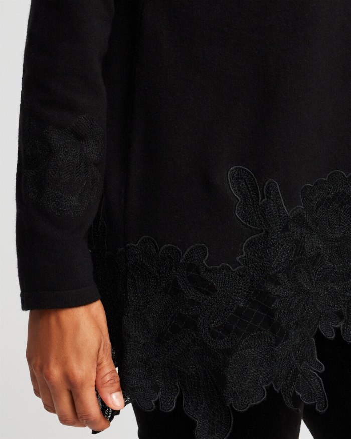 Women's Cashmere Blend Lace Hem Pullover Sweater - Black