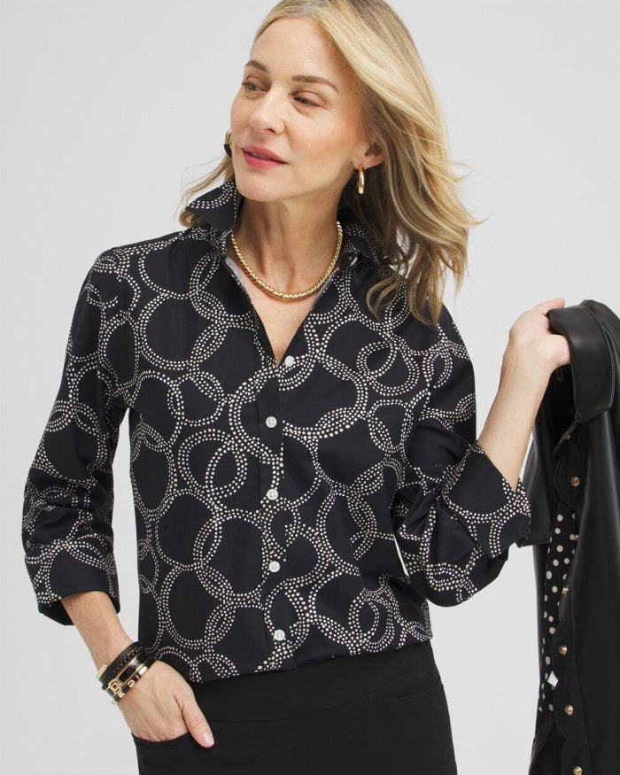 Women's No Iron Stretch Circle Print Shirt - Black