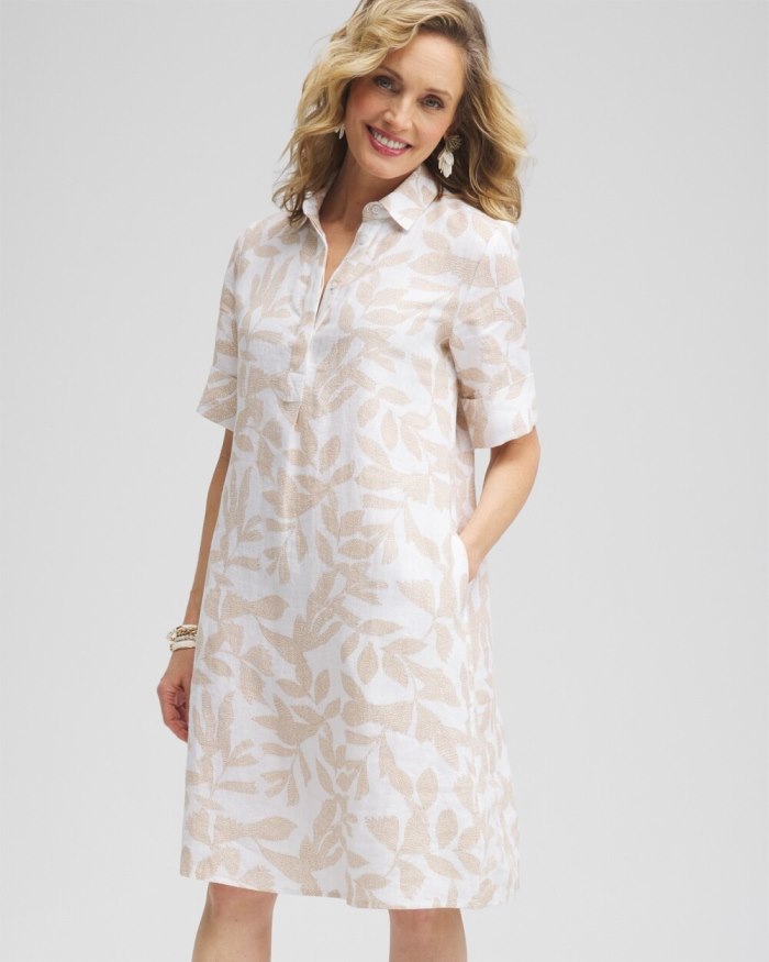 Women's Linen Leaf Print Popover Dress - Sycamore