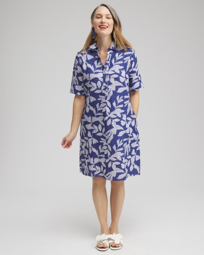 Women's Linen Leaf Print Popover Dress - Sycamore