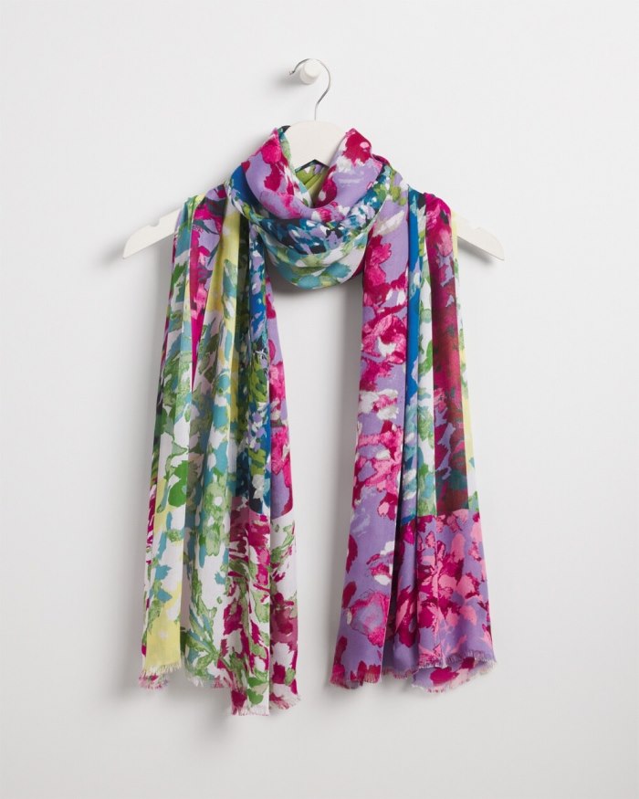 Women's Mixed Floral Print Oblong Scarf - Magenta Rose - Click Image to Close