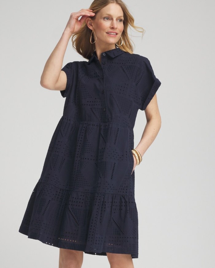 Women's Poplin Diagonal Button Front Dress - Classic Navy - Click Image to Close