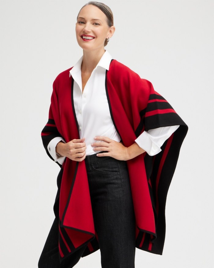 Women's Red Stripe Border Ruana - Red Allure